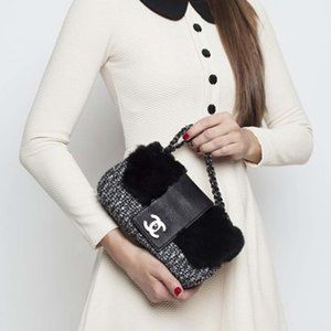 Chanel Classic Flap Limited Edition 2005 Black & White Grey Tweed Fur Lizard Bag